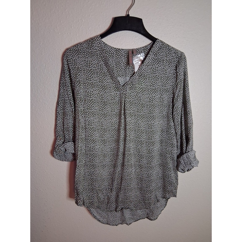 Brina and Em Womens Olive Green Polka Dot Roll Tab Sleeve V-Neck Blouse
